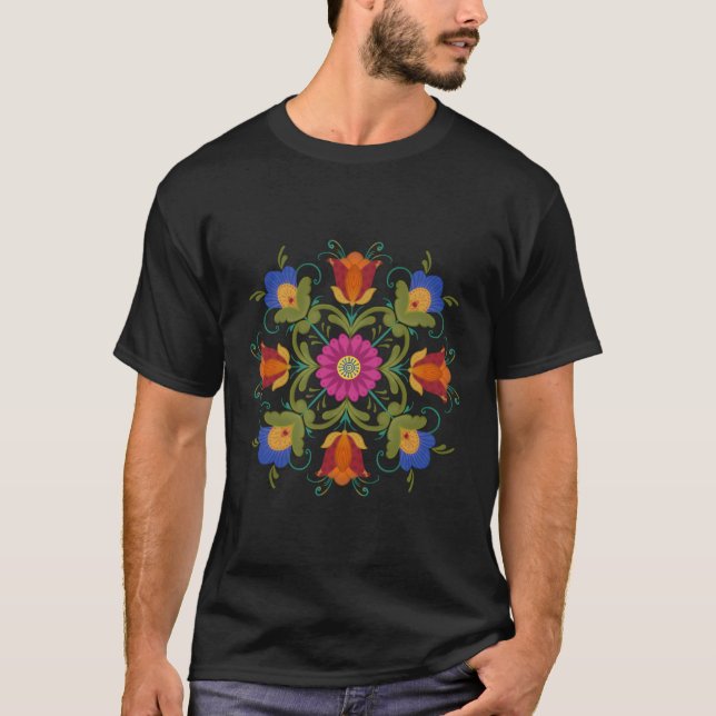 Rosemaling Floral Norwegian Folk Bright Colours T-Shirt (Front)