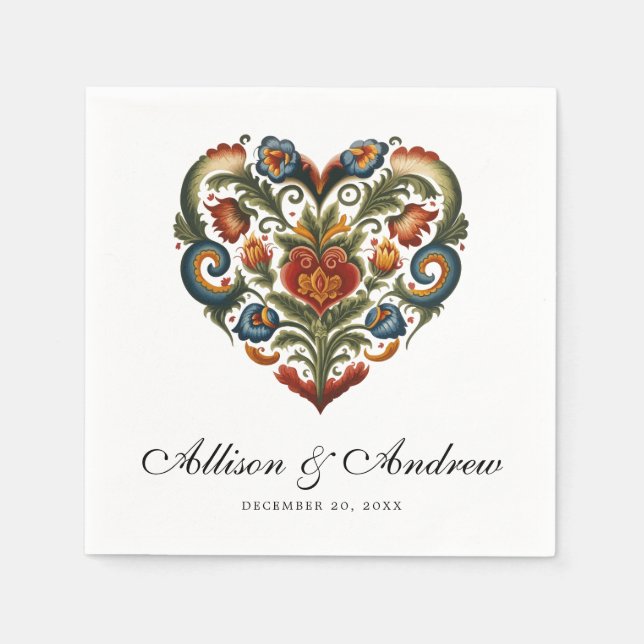 Rosemaling Heart | Norwegian Folk Art Napkin (Front)