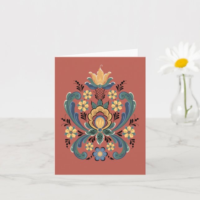 Rosemaling in Red and Gold Greeting Card (Small Plant)