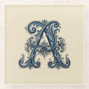  Rosemaling Monogram Prussian Blue Glass Coaster
