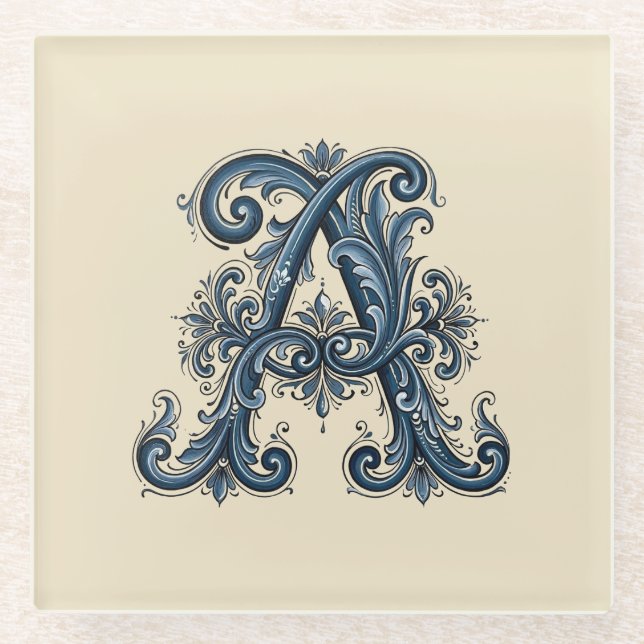  Rosemaling Monogram Prussian Blue Glass Coaster (Front)
