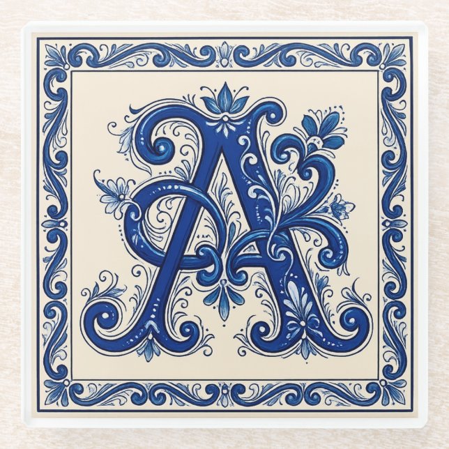 Rosemaling Monogram Prussian Blue Glass Coaster (Front)