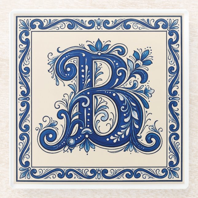 Rosemaling Monogram-Prussian Blue Glass Coaster (Front)