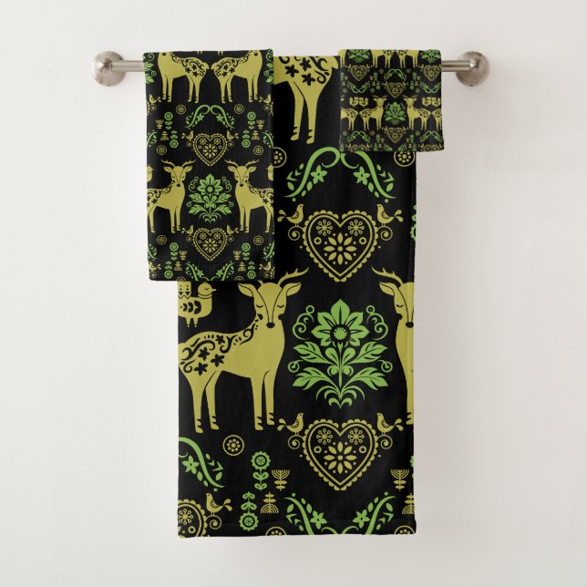 Rosemaling Norwegian Folk Art Bath Towel Set (Insitu)