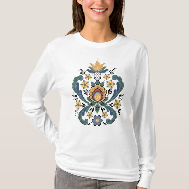 Rosemaling Red and Gold T-shirt (Front)