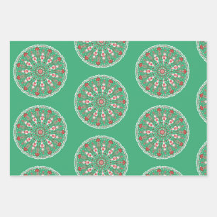 Rosemaling vintage ornaments mandala in teal  wrapping paper sheet