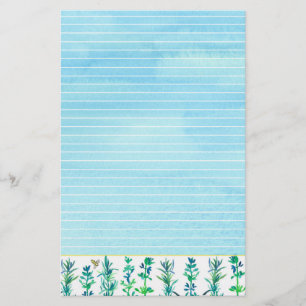 Rosemary Thyme Bee Watercolor Herbs Blue Lined Stationery