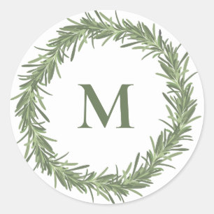 Rosemary wreath monogram Christmas/holiday Classic Round Sticker