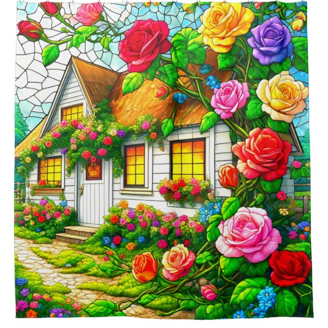 Roses and a Cottage Shower Curtain (Front)