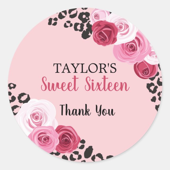 Roses and Animal Print Sweet Sixteen Birthday Classic Round Sticker (Front)
