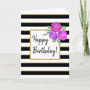 Roses and Black White Gold Stripe Birthday Card