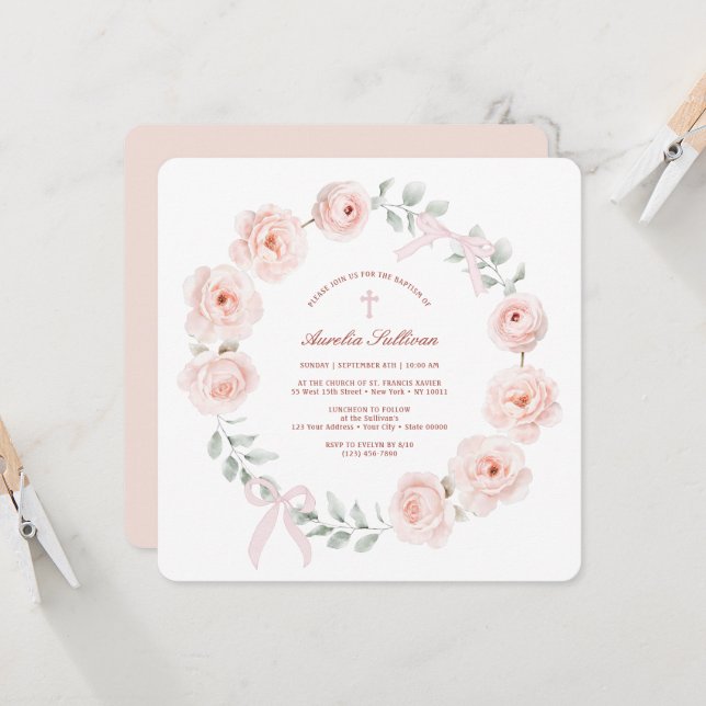 Roses and Bows Wreath Baptism Invitation (Front/Back In Situ)