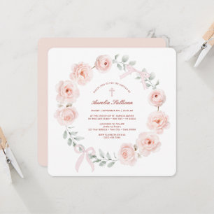 Roses and Bows Wreath Baptism Invitation