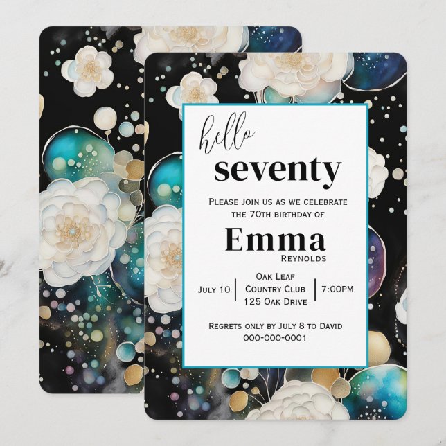 Roses and Bubbles Abstract 70th Birthday Party Invitation (Front/Back)