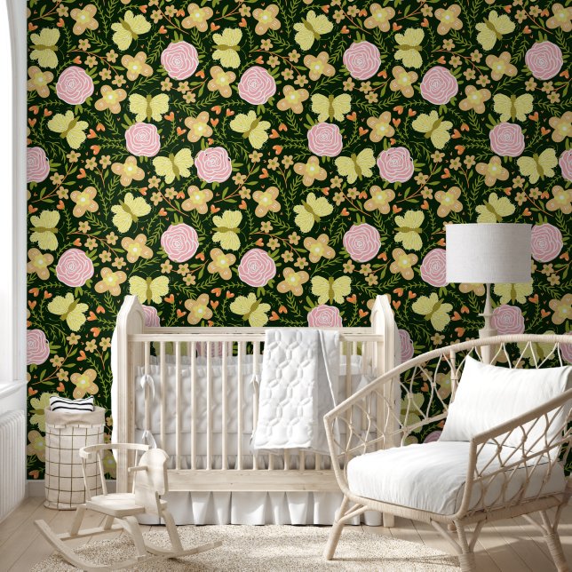 Roses and Butterflies Black Pink Yellow Wallpaper (Kids)