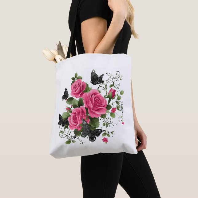 Roses and Butterflies, Colorful Design, Tote Bag (Close Up)
