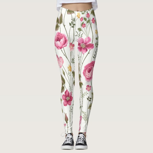 Roses and Butterflies: Floral Seamless Leggings (Front)