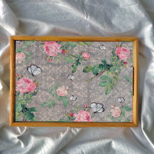 Roses And Butterflies On Damask Wood Decoupage Tissue Paper