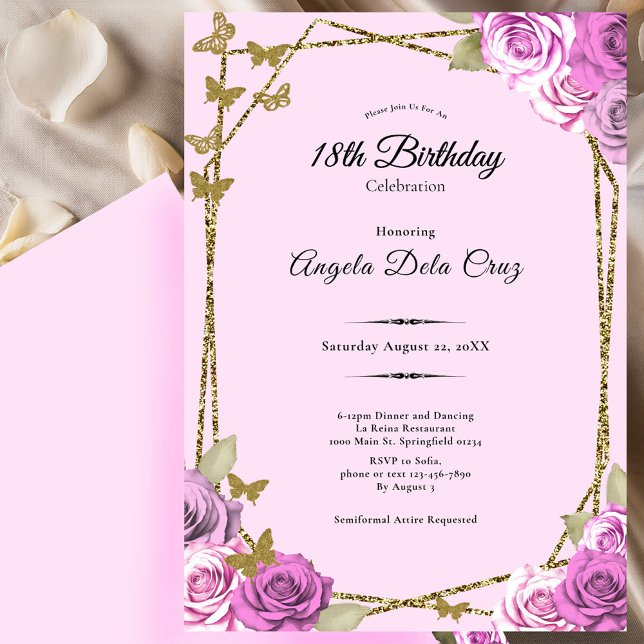 Roses and Butterflies Pink 18th Debut Birthday Invitation (Creator Uploaded)
