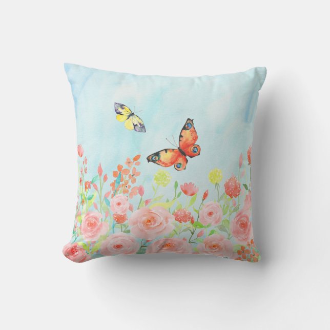 roses and butterflies watercolor pillow cushions (Front)