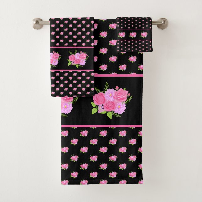 Roses and Dahlias Black Bath Towel Set (Insitu)