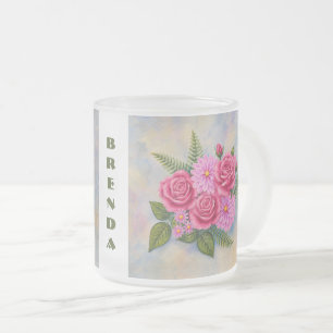 Roses and Dahlias Frosted Glass Coffee Mug