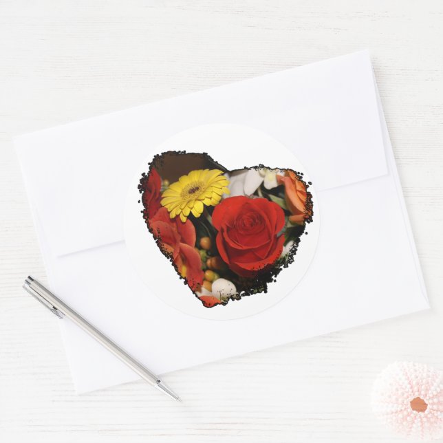 Roses and Daisies Jagged Edge Heart Floral Bouquet Classic Round Sticker (Envelope)
