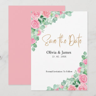 Roses and Eucalyptus Wedding Save the date card