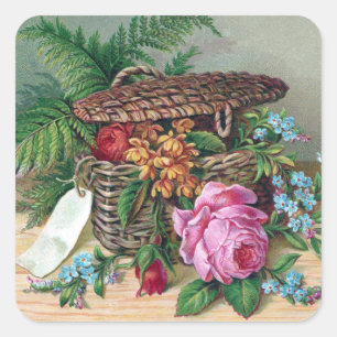 Roses and Ferns in Basket Vintage Victorian Square Sticker