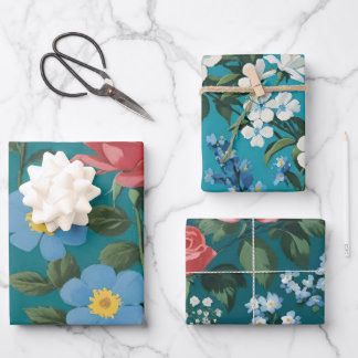 Roses and Forget-me-nots Vintage Floral Wrapping Paper Sheet