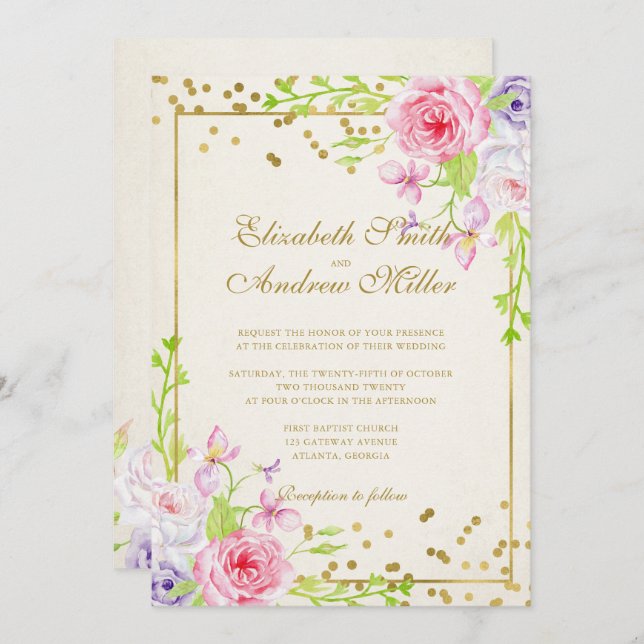 Roses and Gold Confetti Floral Wedding Invitation (Front/Back)