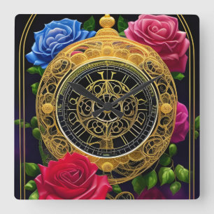 Roses and Gold Filigree Square Wall Clock