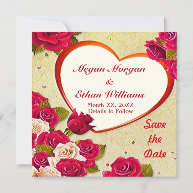 Roses and Heart Frame Save the Date Flat Card (Front)