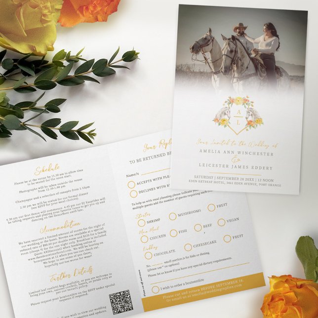 Roses and horses monogram wedding meal option RSVP Invitation (Creator Uploaded)