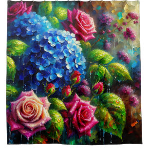 “Roses and Hydrangeas in Rain- Vibrant Floral Art" Shower Curtain