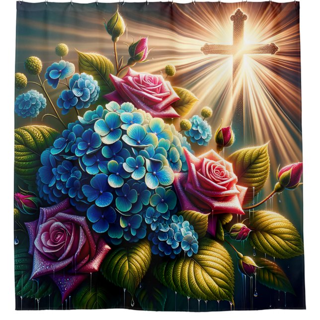 “Roses and Hydrangeas with Cross - Spiritual Art" Shower Curtain (Front)