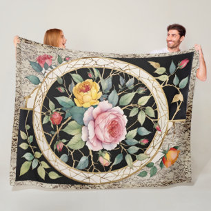 Roses and Lace Floral with Black and Gold Fleece Blanket