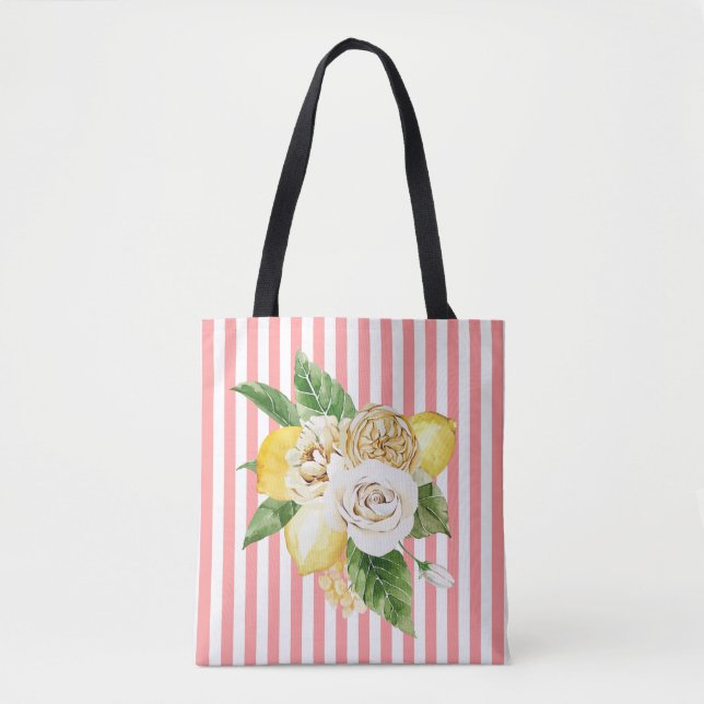 Roses and lemons on pink stripes tote bag (Front)