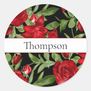 Roses and Lily Floral Red and Black Classic Round Sticker