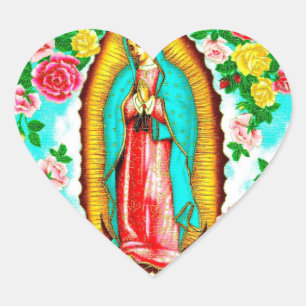 ROSES AND MADONNA OF GUADALUPE.ART DESIGN HEART STICKER