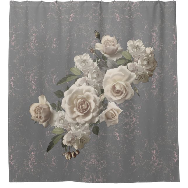 Roses and marble texture floral shower curtain (Front)