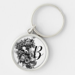 Roses and Moths - Black Monogram Key Ring
