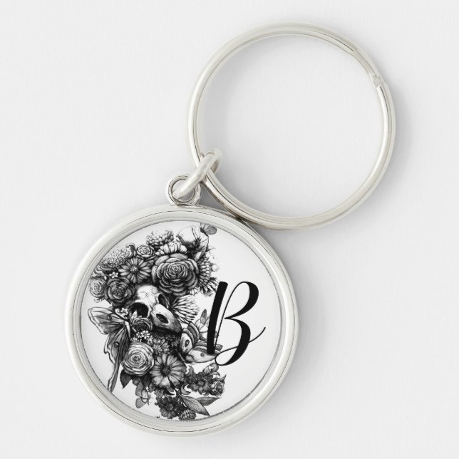 Roses and Moths - Black Monogram Key Ring (Front)