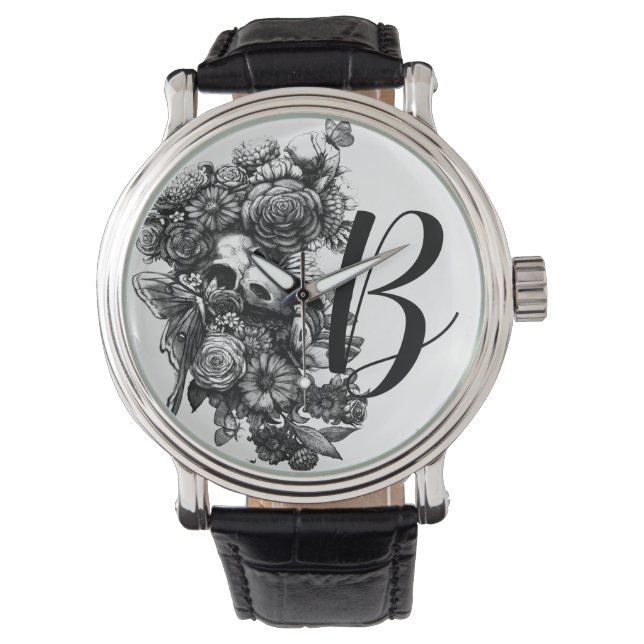 Roses and Moths - Black Monogram Watch (Front)