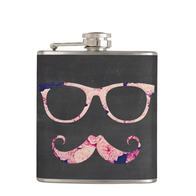 Roses and moustache hip flask (Front)