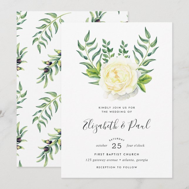 Roses and Olives Wedding Invitation (Front/Back)