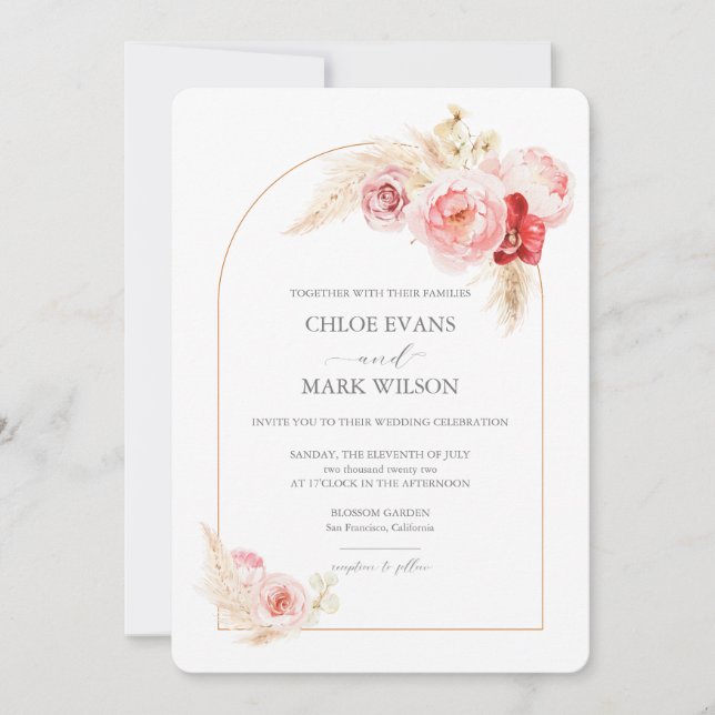 Roses and Pampas Grass Arch Wedding Invitation (Front)