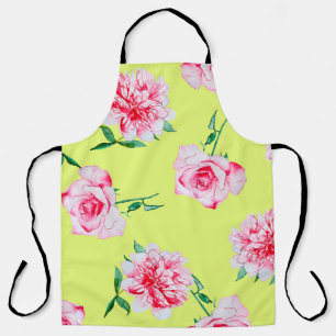 Roses and Peonies watercolor illustration patterna Apron