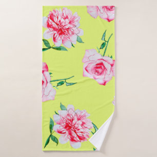 Roses and Peonies watercolor illustration patterna Bath Towel