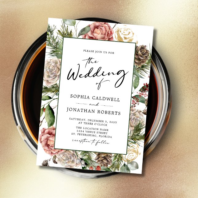 Roses and Pine Calligraphy Floral Winter Wedding Invitation (Roses and Pine Calligraphy Christmas Theme Floral Wedding Invitation)